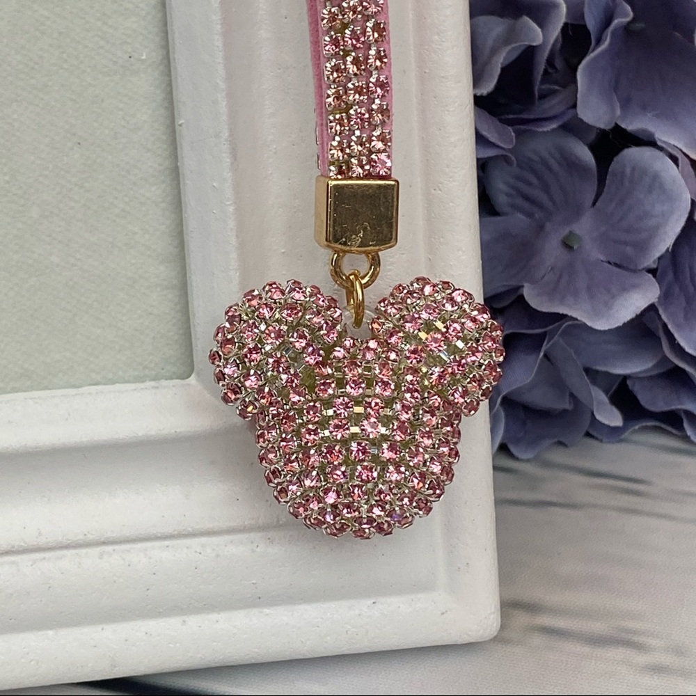 Chic Pink Crystal & Leather Mickey Mouse Keychain - Picture 2 of 14